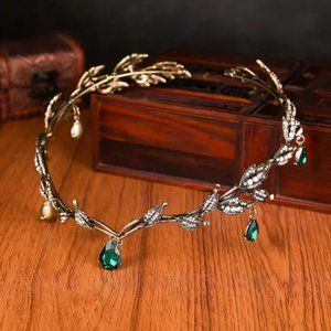 Emerald Dark Green Fairy Crown Tiara, Crystal Leaf Elf Accessories